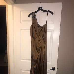 David Meister Bronze Bejeweled One-shoulder gown.